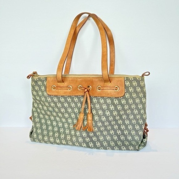 Dooney & Bourke Handbags - Dooney & Bourke Monogram Canvas Tote Bag Blue Tan Leather Trim Vintage Y2K‎ Boho